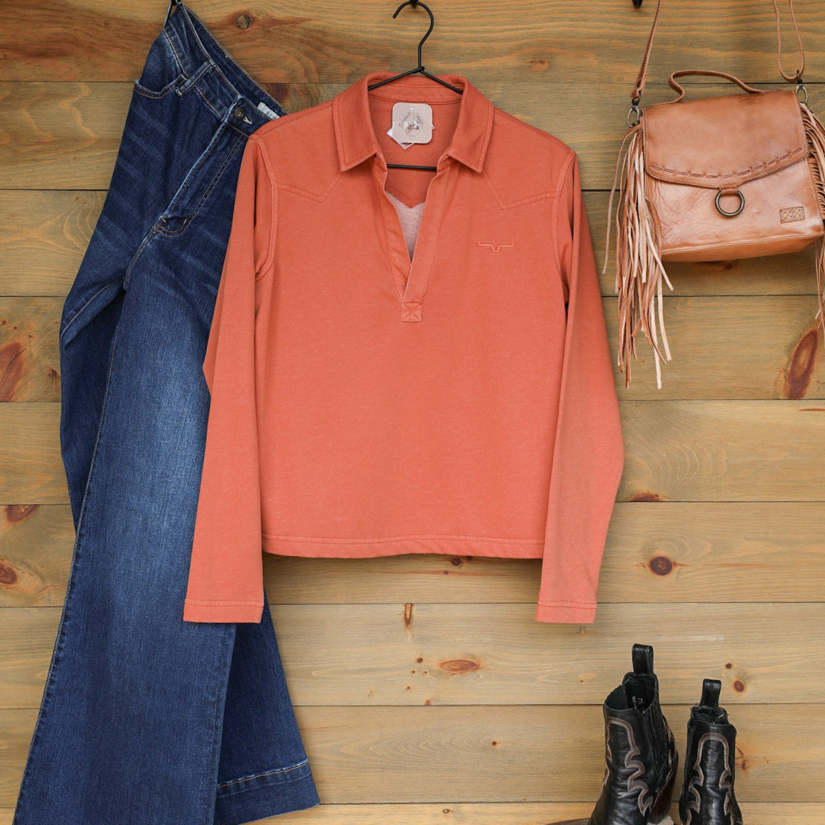 Abby Kimes Ranch Long Sleeve Spicy Red Top | Crooked Horn Company