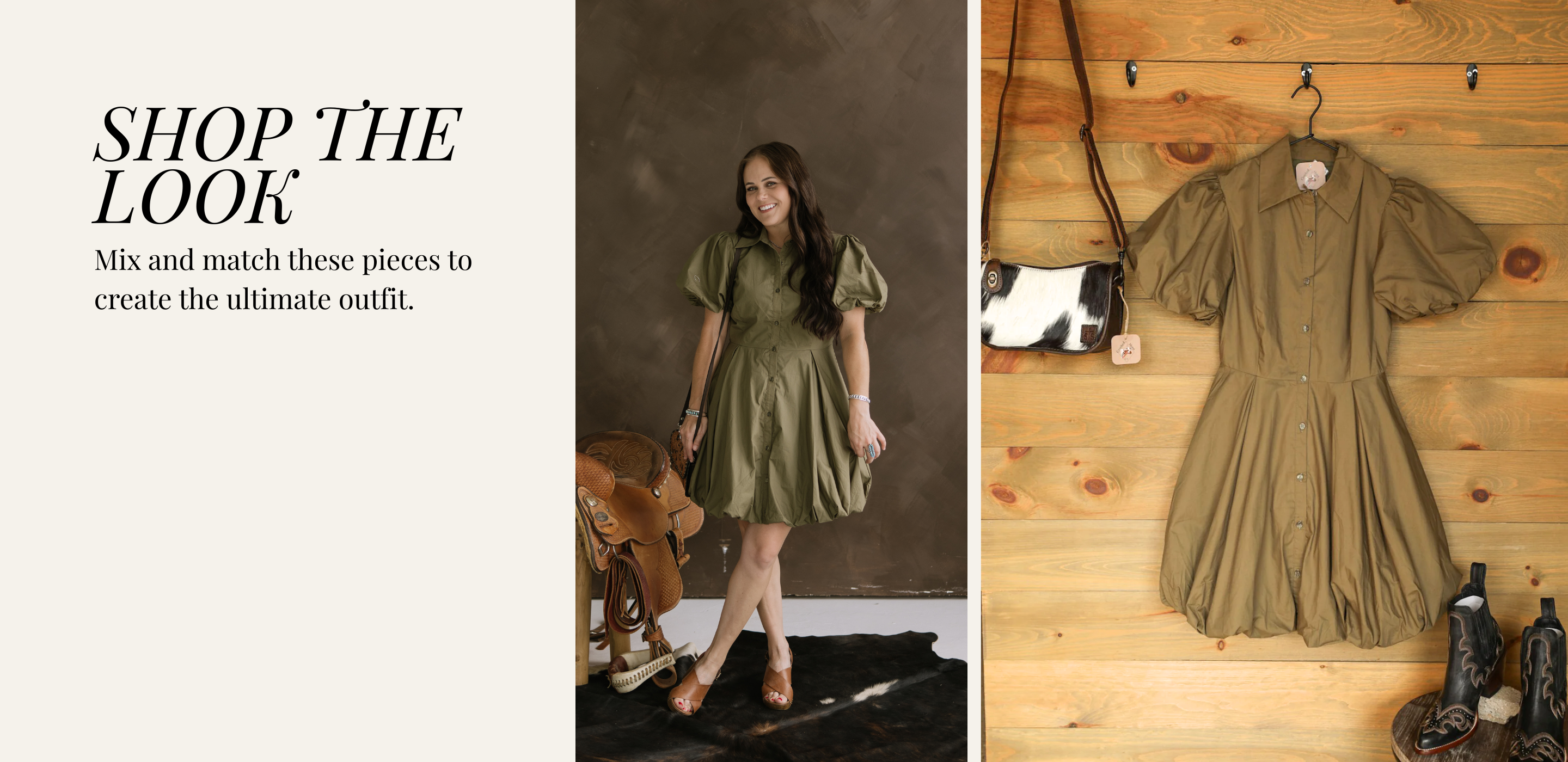 Woman wearing a green dress standing next to a similar dress on a wooden wall | Shop the Look | Mix and match these pieces to create the ultimate outfit | Mesa, AZ