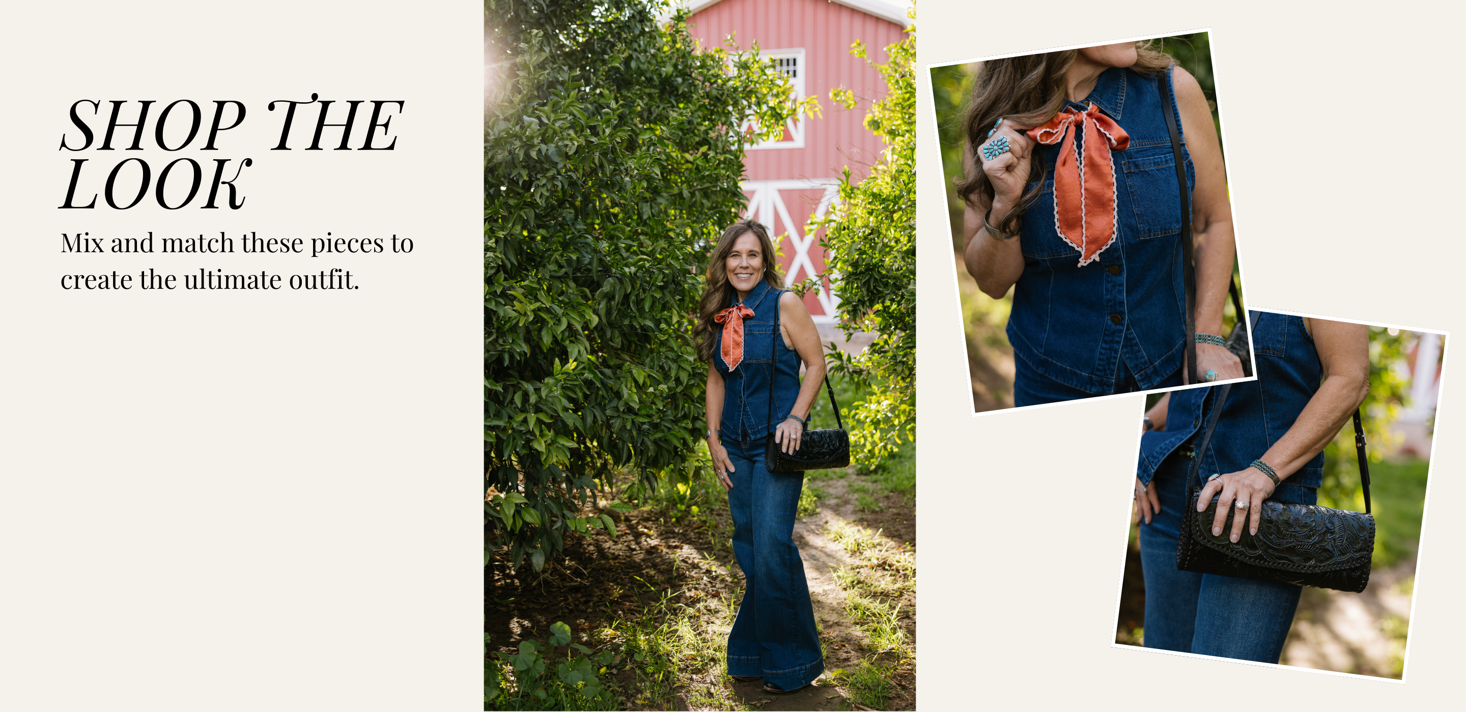 Woman wearing a denim vest and jeans with a twilly in an orchard setting, with text 'Shop the Look' and additional images of the outfit.