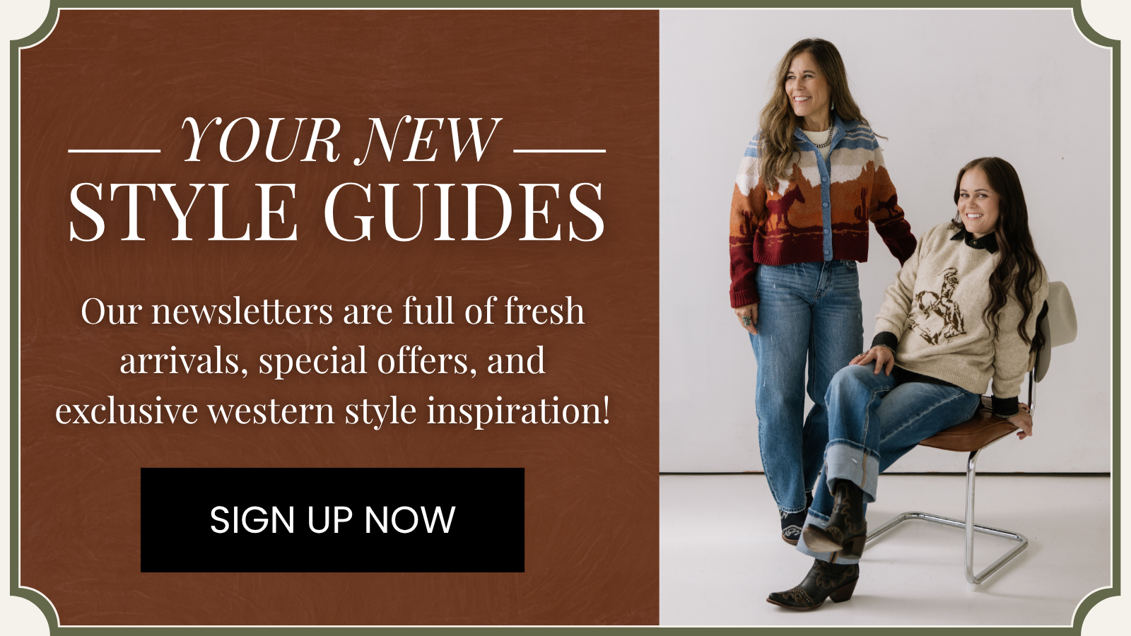 Two women in western-style clothing with promotional text for style guides and sign-up call to action | Crooked Horn Company Text Marketing | Mesa, AZ