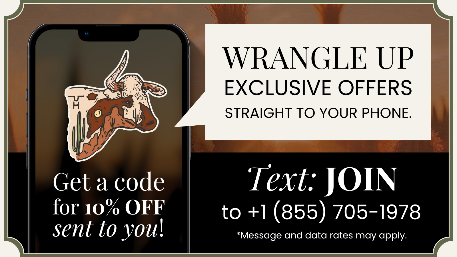 Promotional text message for exclusive offers with a cow illustration on a phone screen | Crooked Horn Company Text Marketing | Mesa, AZ