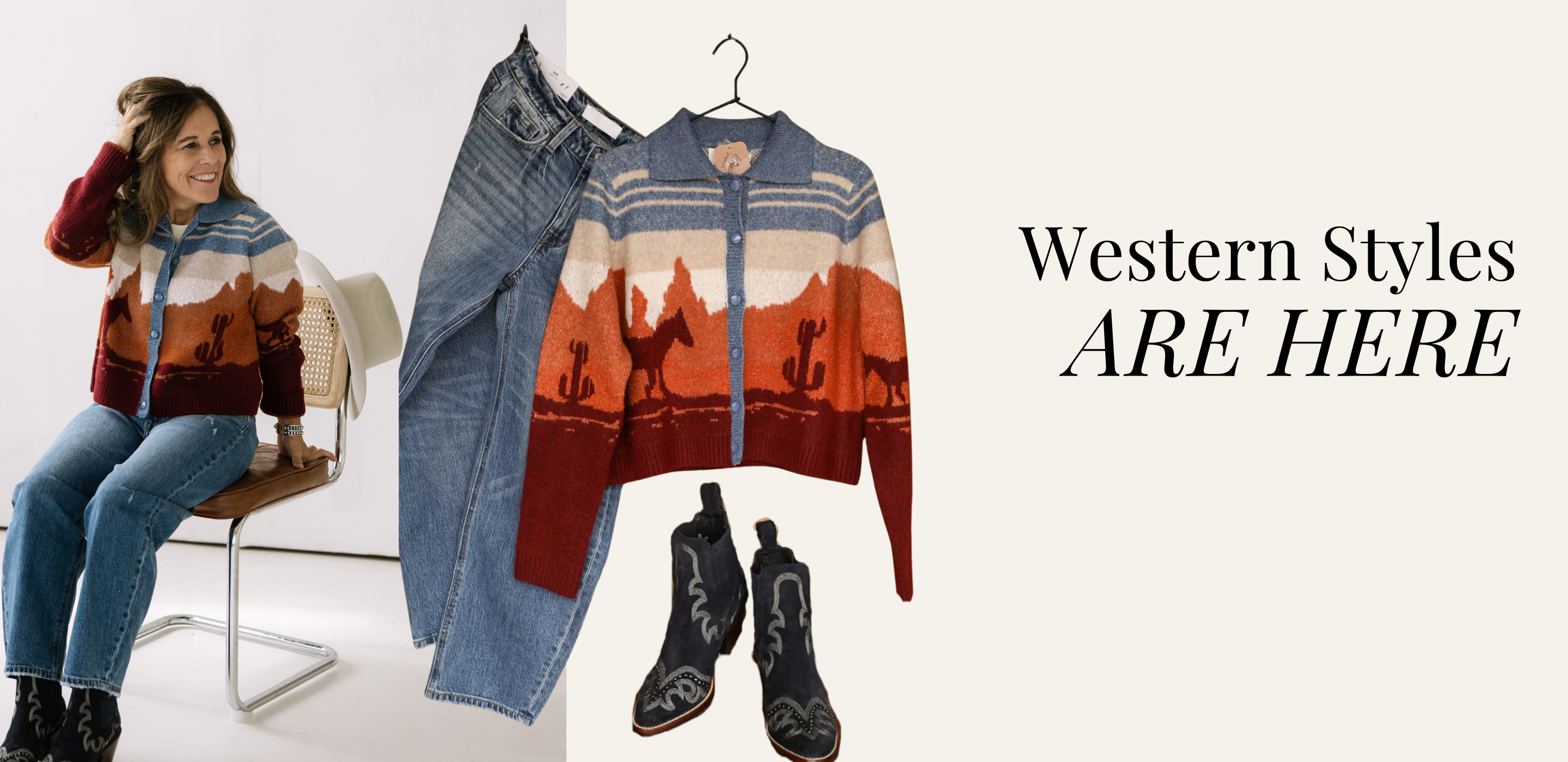 Woman wearing a patterned cardigan with a desert scene, jeans, and boots on a white background with text 'Western Styles ARE HERE' | Crooked Horn Co | Mesa, AZ