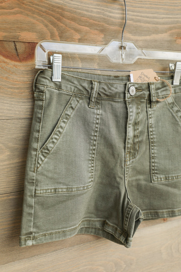 Missoula Olive Denim Shorts-Shorts-Crooked Horn Company, Online Women's Fashion Boutique in San Tan Valley, Arizona 85140